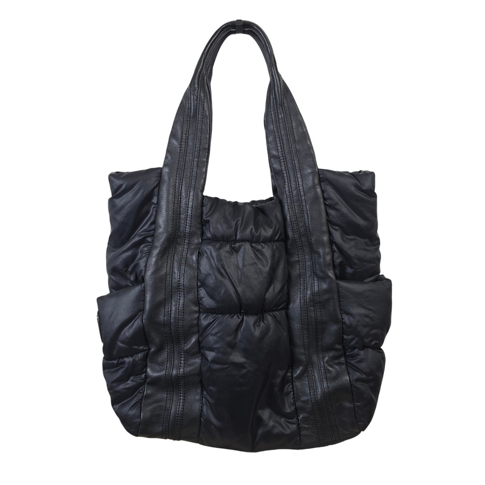 B. Makowsky Perry Tote Black Leather Puffer Bag Leopard Print Lining Crossbody